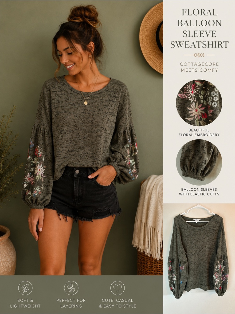 Olive Green Sweatshirt | XL | Floral Balloon Sleeves